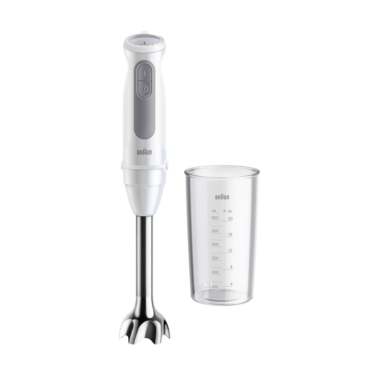 Braun hand blender MultiQuick 5 MQ 50001 M, 1000W, 21 speed levels + turbo, stainless steel puree foot, Easy Click System, SplashControl, incl. 600ml cup, white - MQ50001M