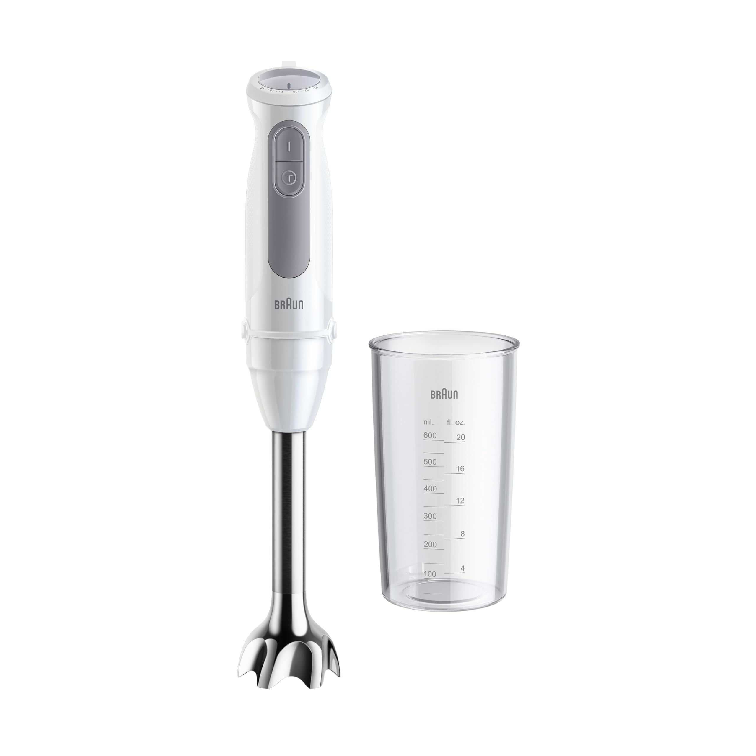 Braun hand blender MultiQuick 5 MQ 50001 M, 1000W, 21 speed levels + turbo, stainless steel puree foot, Easy Click System, SplashControl, incl. 600ml cup, white - MQ50001M