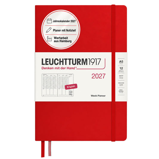 LEUCHTTURM1917 Planificator săptămânal 2027 Mediu (A5) - engleză, cireș, 210 x 145 mm, ianuarie-decembrie (12 luni), prezentare generală săptămânală cu grilă orară 7:00-22:00 per coloană, copertă cartonată, hârtie de 80 g/m² - 400314