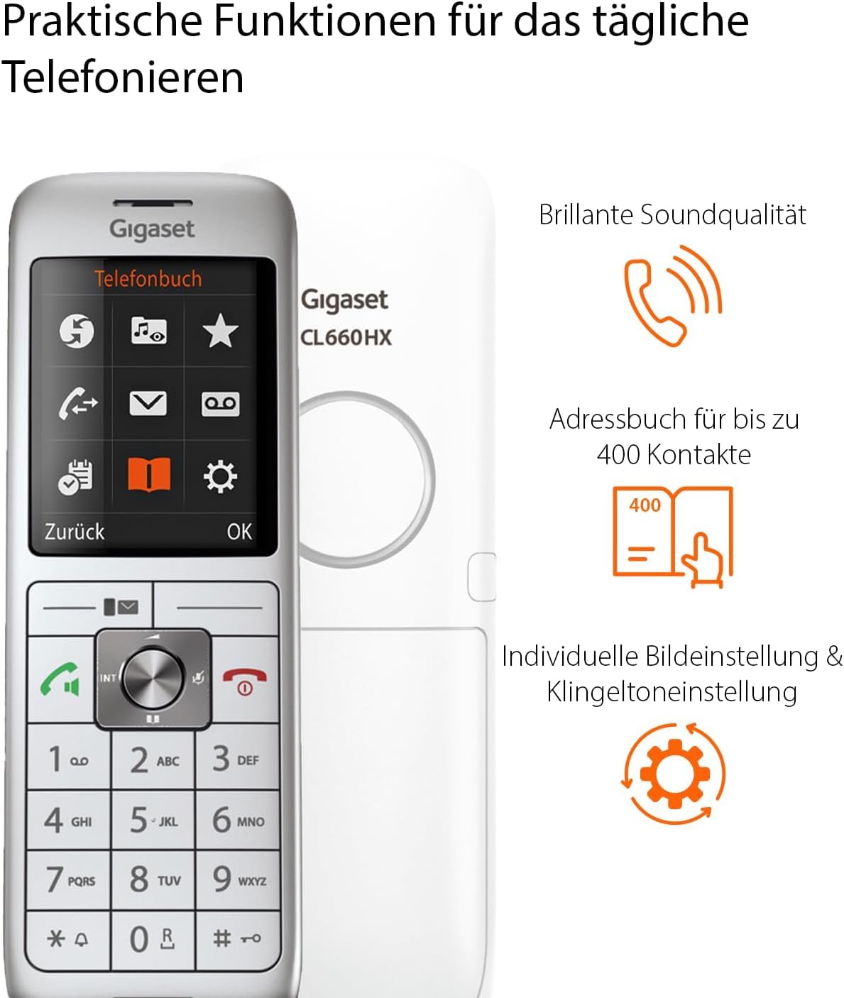 Gigaset CL660HX - design DECT handset with charging cradle - Fritzbox compatible - high-quality cordless telephone for router and DECT base, silver-white [German version] [Without base] - S30852-H2862-B132