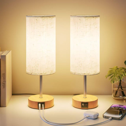UPXNBOR Touch Nightstand Lamps 2-Piece Set, Table Lamp for Bedroom and Living Room with USB-A & USB-C Charging Ports, 3-Way Dimmable Nightstand Lamps, Linen Fabric Shade, (LED Bulb Included) - N15-1
