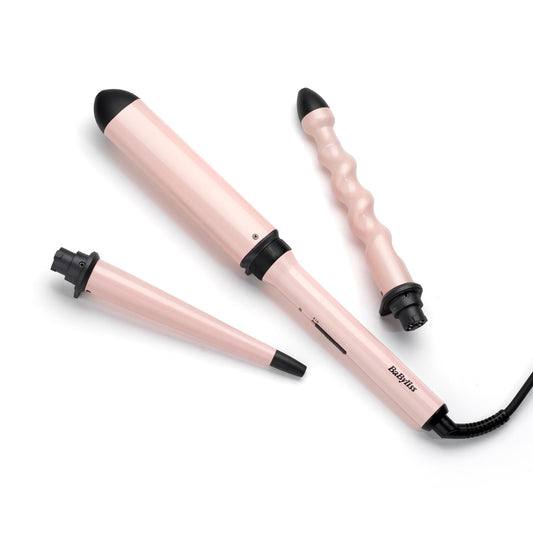BaByliss Curl and Wave Trio Multistyler, professional curling iron set with 3 attachments for curls, waves, and beach waves, ceramic coating, pink, MS750E
