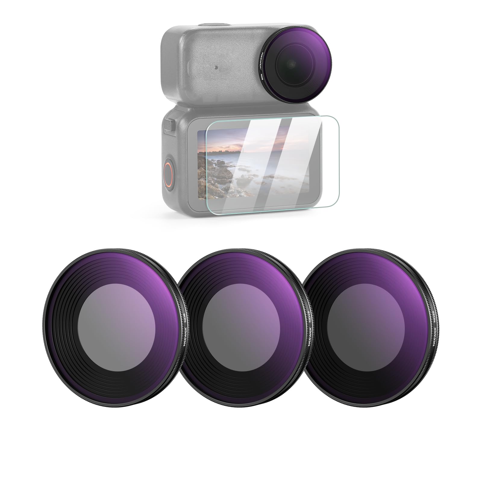 NEEWER ND filter set compatible with DJI Osmo Nano (ND8/16/32), pack of 3, screw-on gray filter for action cam lens, multi-coated optical glass, photography accessories with screen protector - FL-N4