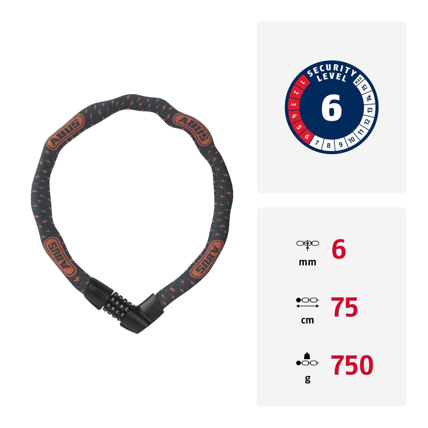 ABUS chain lock Tresor 1385/75 Gray Lightning - combination lock made of hardened steel - 6 mm thick square chain - ABUS security level 6 - 75 cm - gray - 88012