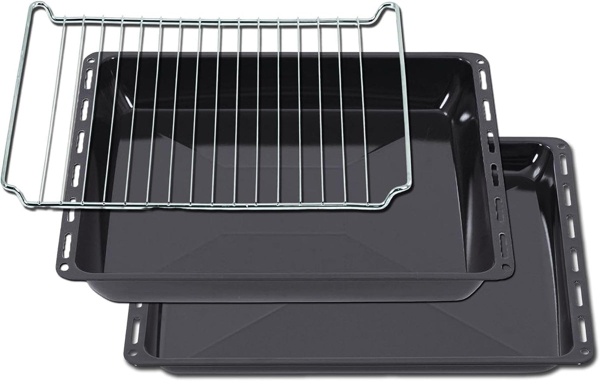 Set tăvi de copt și grătar ICQN 445 × 375 × 25 & 50 mm, compatibil cu Bauknecht, Indesit, Whirlpool Group & Algor, tăvi de copt emailate și grilă cromată pentru cuptor și aragaz - 445-set-25-50-grillOT02
