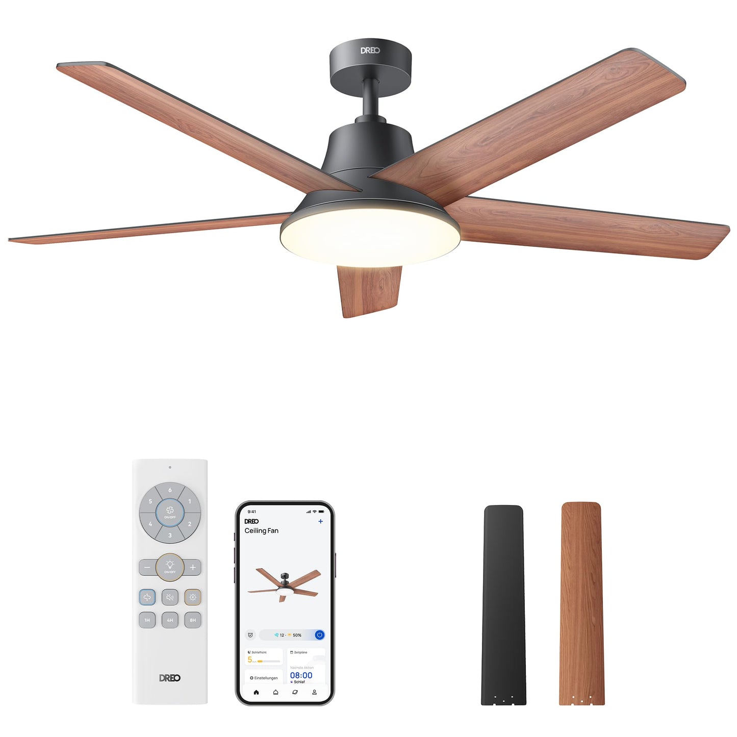 DREO Smart Ceiling Fan with Light, 52" 12 Speeds, 3 Modes, Continuously Dimmable LED Lighting, Quiet DC Motor, 12H Timer, Remote Control/APP/Alexa, Indoor, Black - DR-HCF001S