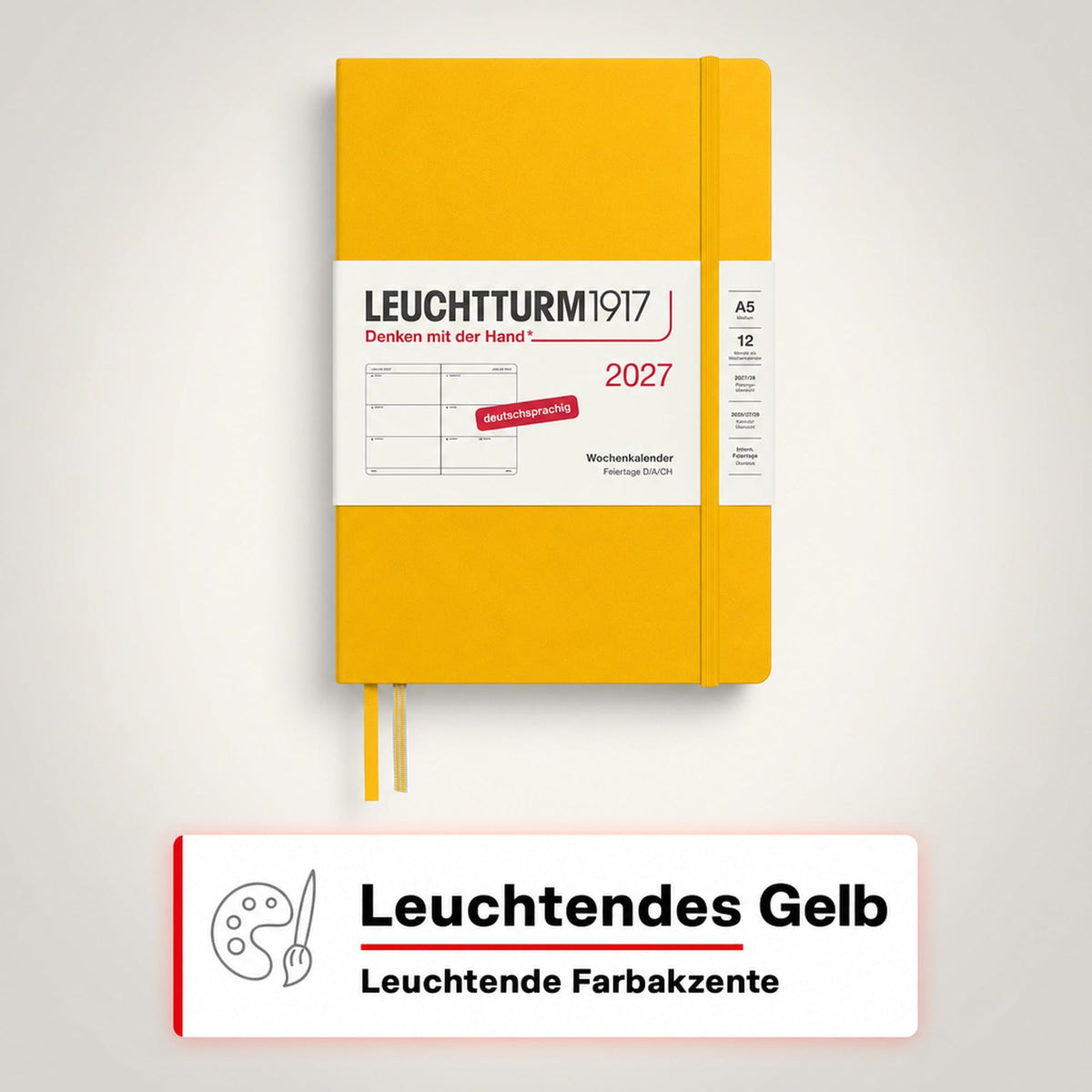 LEUCHTTURM1917 Calendar săptămânal 2027 Mediu (A5) - Germană, Floarea-soarelui, Hardcover, 145 x 210 mm, 12 luni - ianuarie-decembrie 2027, 1 săptămână pe pagină dublă, hârtie de 80 g/m² cu compatibilitate ridicată cu cerneală - 400104