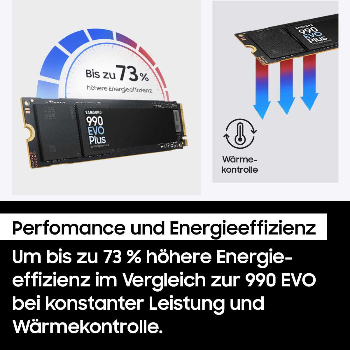 Samsung 990 EVO Plus NVMe M.2 SSD 1 TB, PCIe 4.0 x4 / PCIe 5.0 x2, NVMe 2.0 (2280), 7,150 MB/s read, 6,300 MB/s write, internal SSD for gaming and graphic editing, MZ-V9S1T0BW
