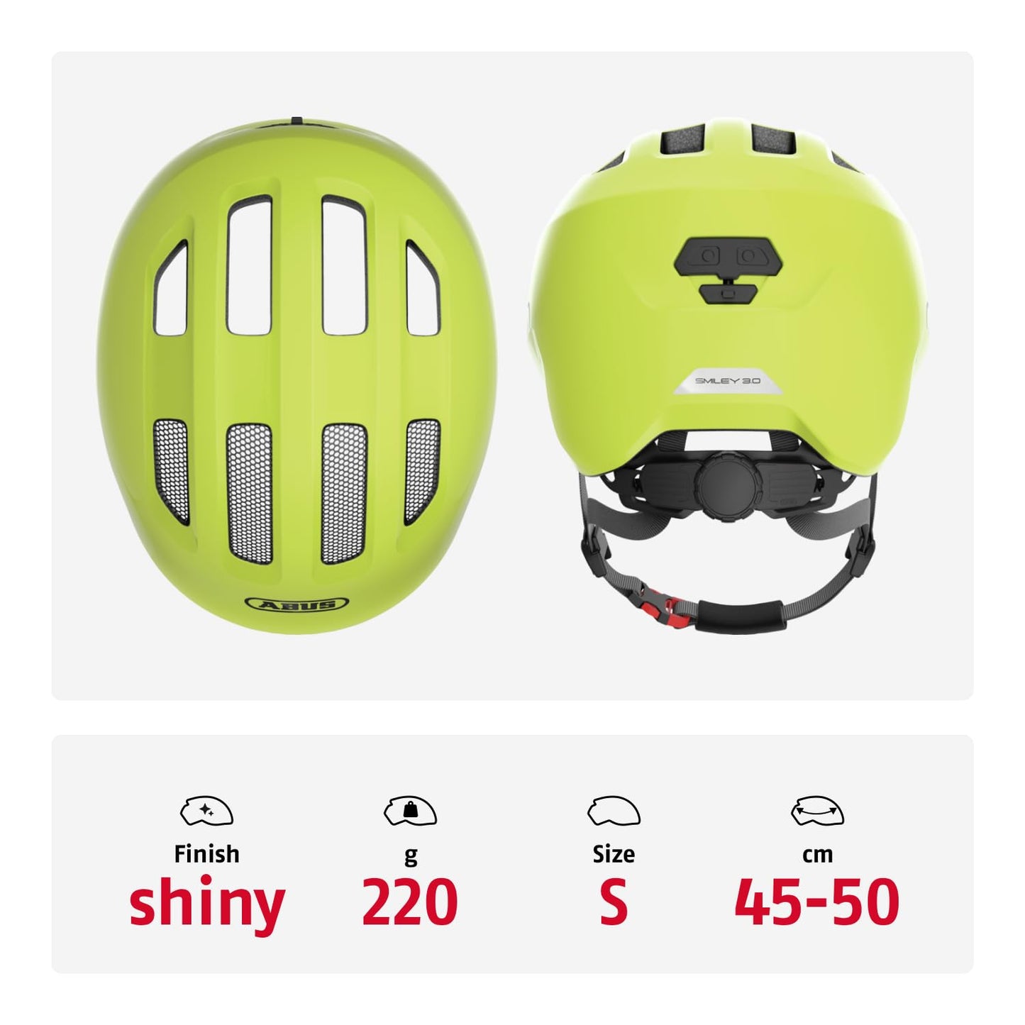 ABUS children's helmet Smiley 3.0 - bicycle helmet with a deep fit, child-friendly designs & space for a braid - for girls and boys - shiny yellow, size S - 67277