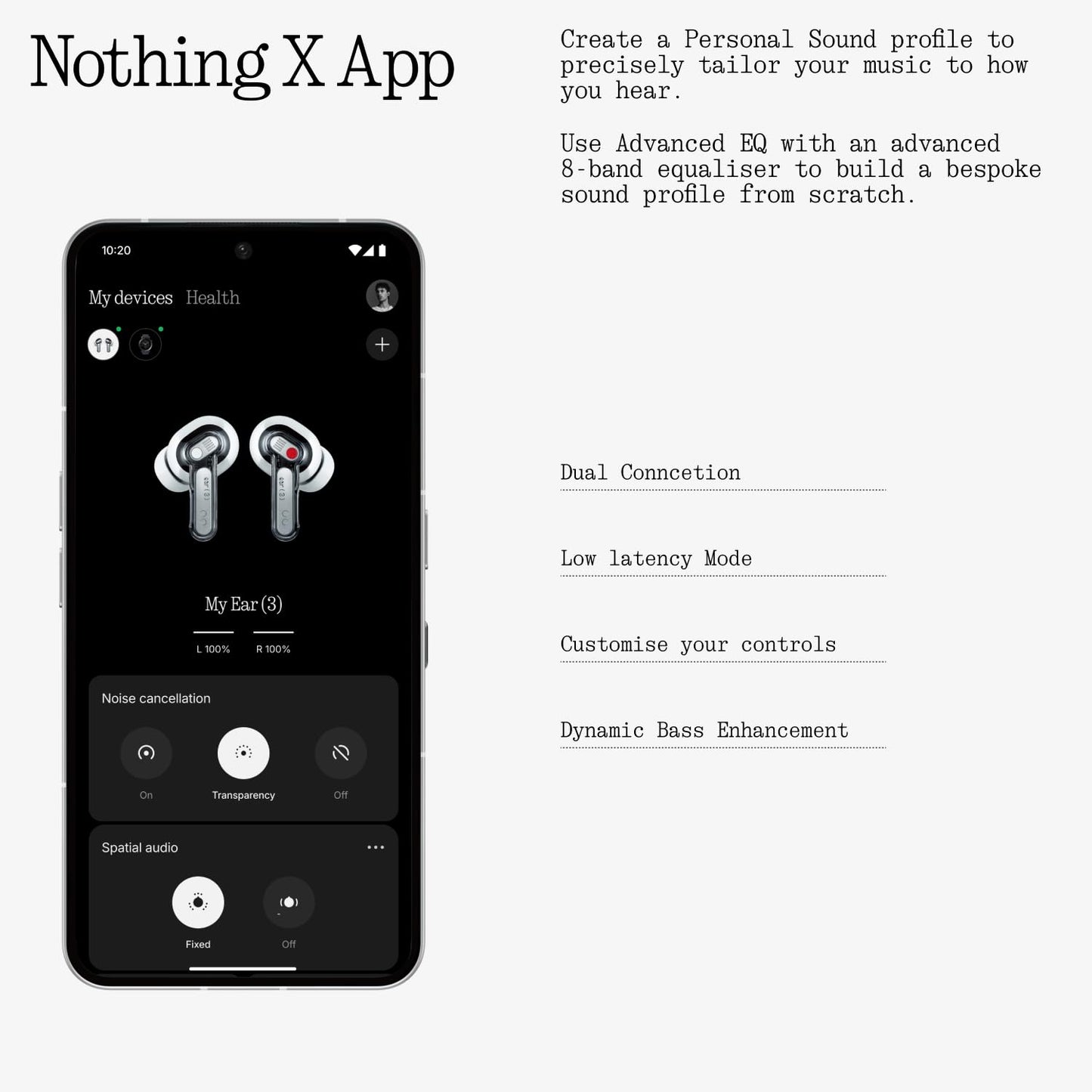 Nothing Ear (3) Wireless In-Ear Headphones, Adaptive Noise Cancellation, LDAC Hi-Res Audio, Super Mic, IP54, Fast Charging, Up to 22 Hours Battery Life, Compatible with Android & iOS - White - B173