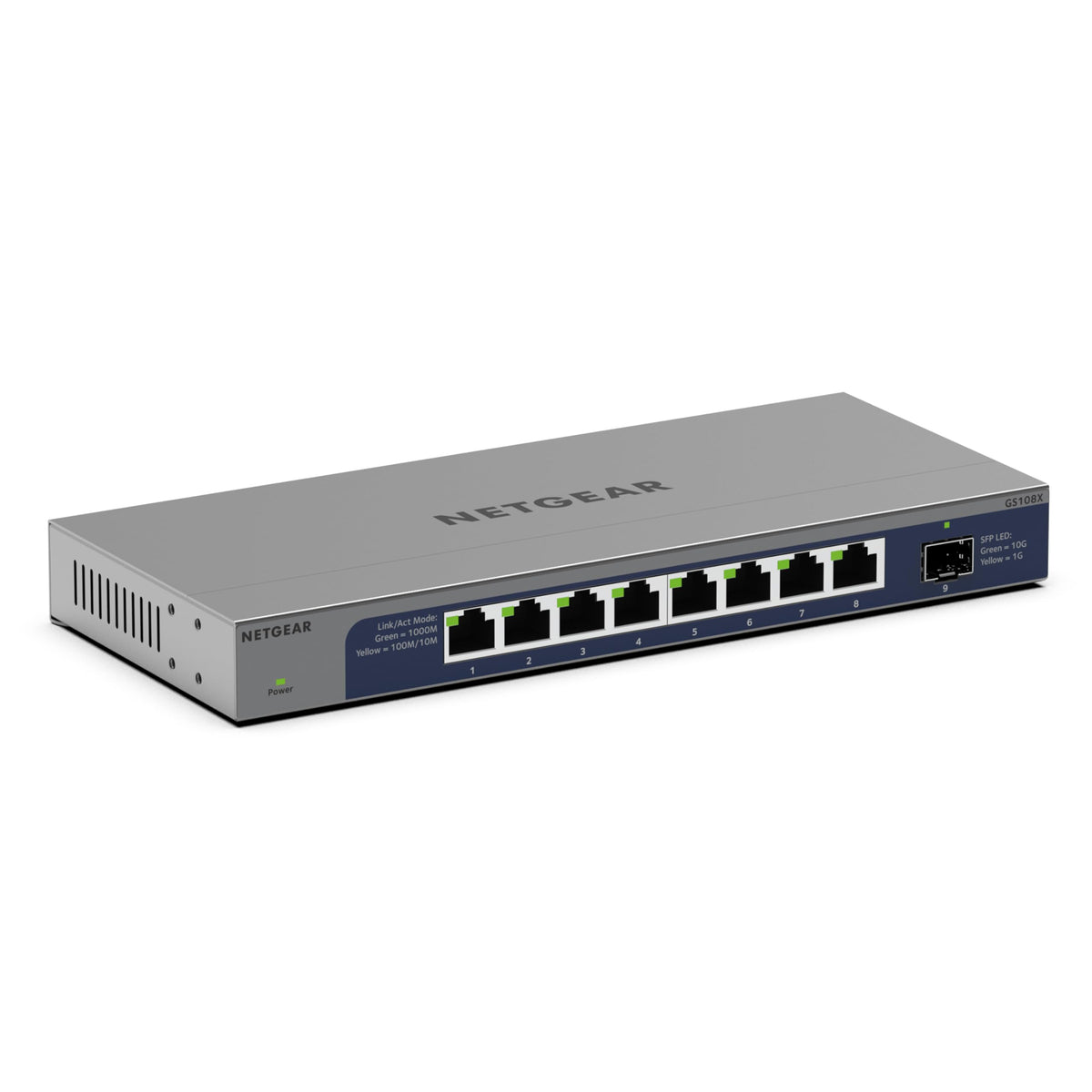 NETGEAR Switch Ethernet Gigabit Unmanaged cu 8 porturi 1G/10G (GS108X) - Cu 1 x 10G SFP+, montare pe birou sau rack și garanție limitată pe întreaga durată de utilizare. - GS108X-100EUS