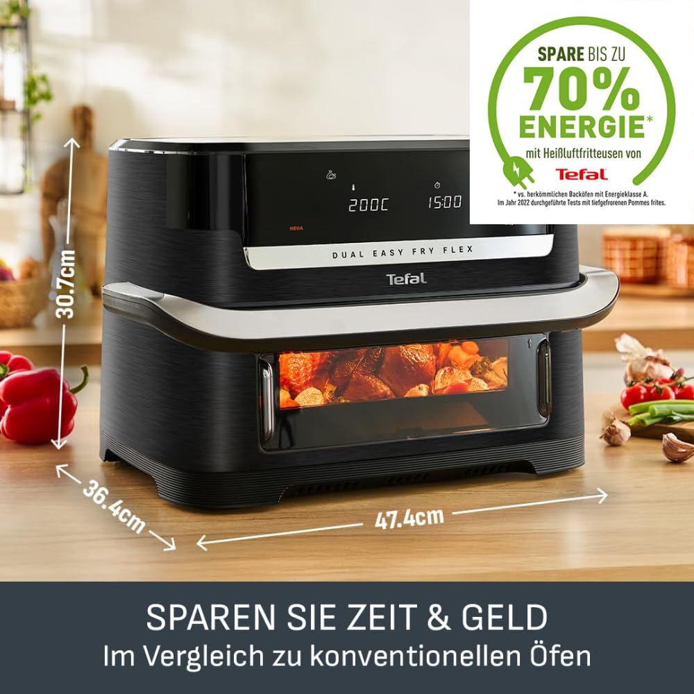 Tefal Dual Easy Fry Flex hot air fryer 9L - Airfryer with 2 chambers & GiantZone, FlexCook divider, 2700 W, 40-200 °C, 7 programs, low-fat frying & preparing 2 dishes at the same time EY9228 - EY9228E0