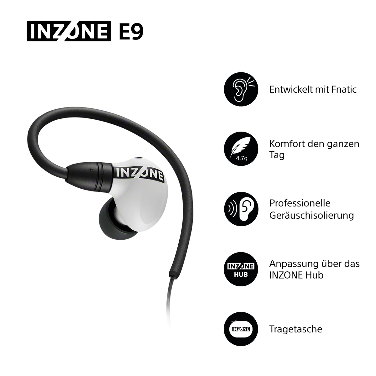 Sony INZONE E9 In-Ear Gaming Headphones - developed with Fnatic, sound isolation, adjustable EQ, USB-C audio box, PC streaming - White - IERG900W.CE7