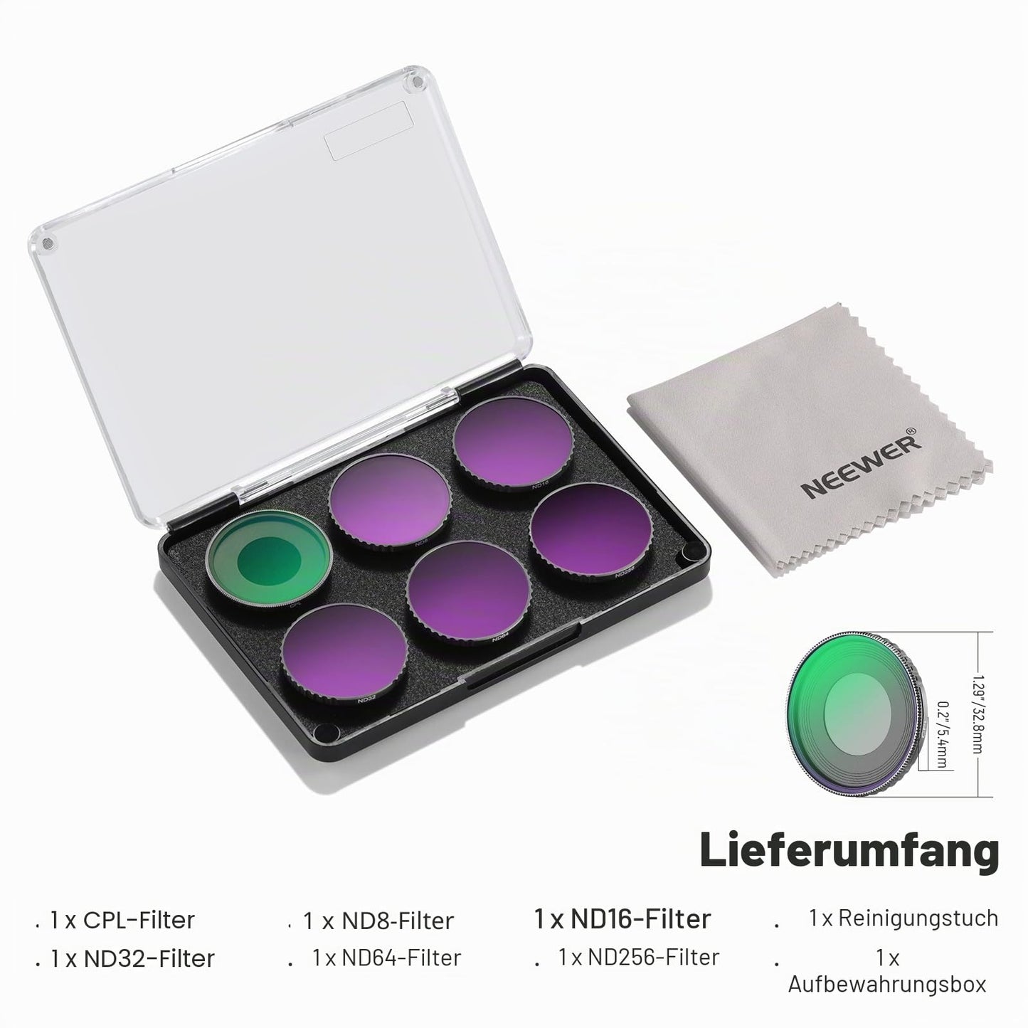 NEEWER Pack of 6 ND Filter Set Compatible with DJI Osmo Action 5 Pro/Action 4, Multi-Coated HD Optical Glass Gray Filter Polarizing Filter CPL+ND8+ND16+ND32+ND64+ND256 Action Cam Lens Accessories, FL-N70