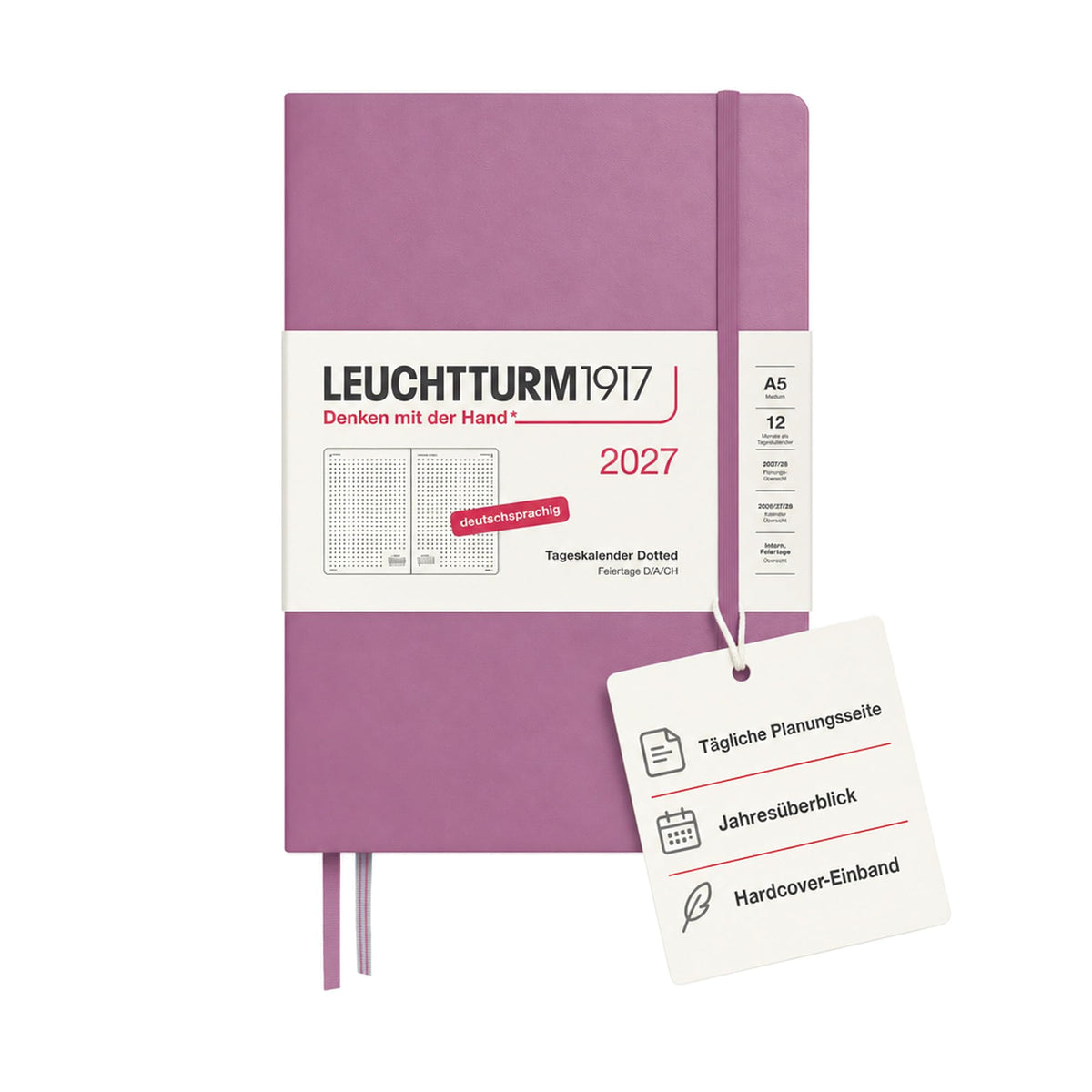 LEUCHTTURM1917 Daily Calendar 2027 Dotted Medium (A5) - German, Dusty Rose, 145 x 210 mm, January-December (12 months), 1 page per day, hourly grid 7:00-22:00, hardcover, 80 g/m² paper - 400167