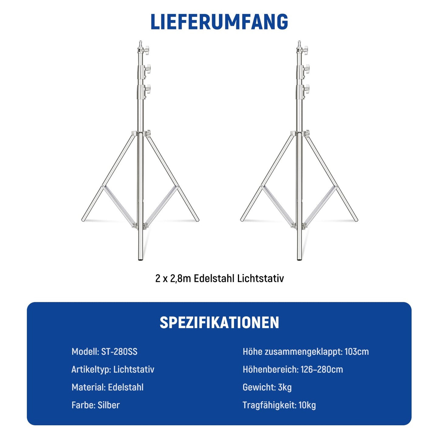 NEEWER 280cm light stand, 2 pieces stainless steel light stand, spring-damped heavy duty photography lamp tripod with 1/4" to 3/8" adapter for flash video ring light monolight softbox, max. 10kg, ST-280SS