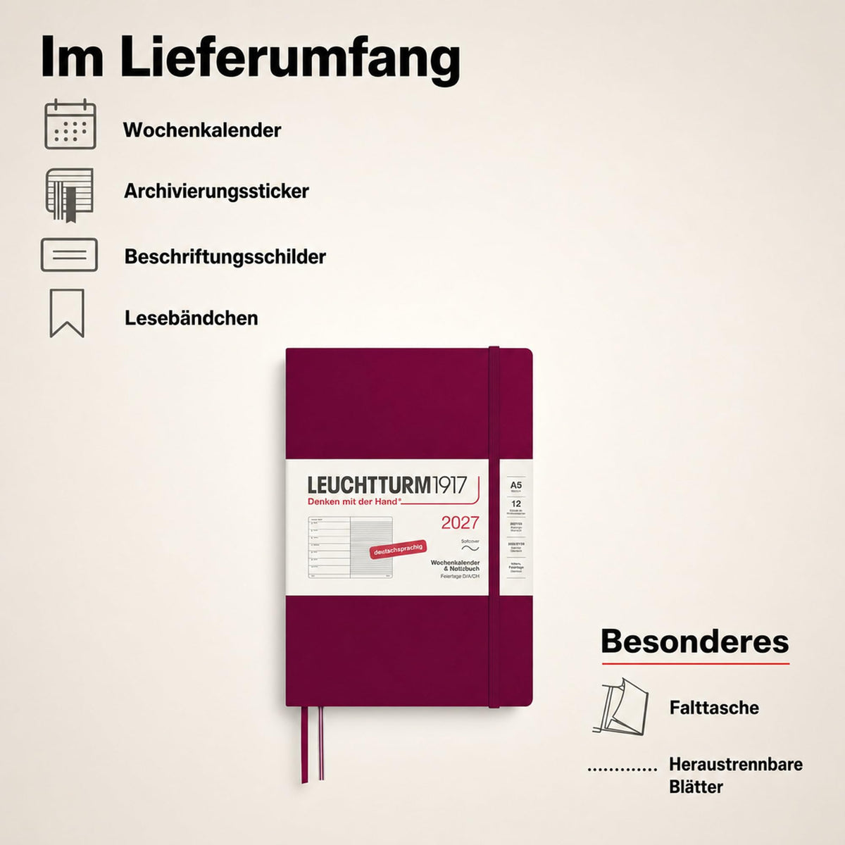 LEUCHTTURM1917 Weekly Calendar 2027 Medium (A5) with Notebook - German Appointment Planner, Port Red, Softcover, January-December 2027, Weekly Overview on the Left + Notes Page on the Right - 400067