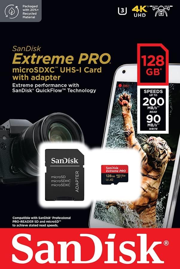SanDisk Extreme PRO microSDXC UHS-I Memory Card 128GB + Adapter & RescuePRO Deluxe (For Smartphones, Action Cameras or Drones, A2, Class 10, V30, U3, 200MB/s Transfer) (Pack of 2) - SDSQXCD-128G-GN6MA