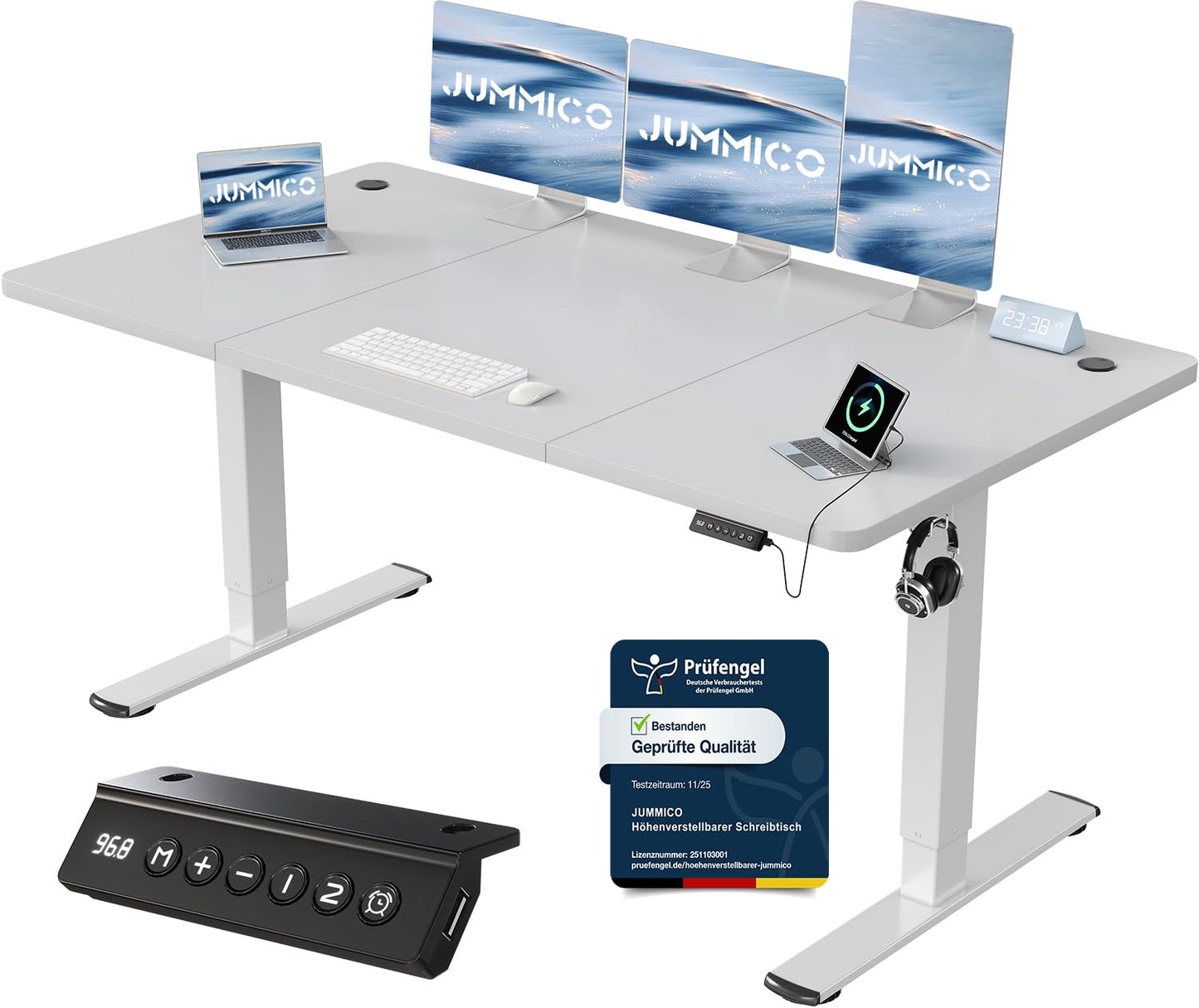 JUMMICO Birou reglabil pe înălțime cu port de încărcare USB, birou reglabil pe înălțime electric 160 x 70 cm, masă stand-sit, birou standing, masă reglabilă pentru computer, birou standing, gri - 0403