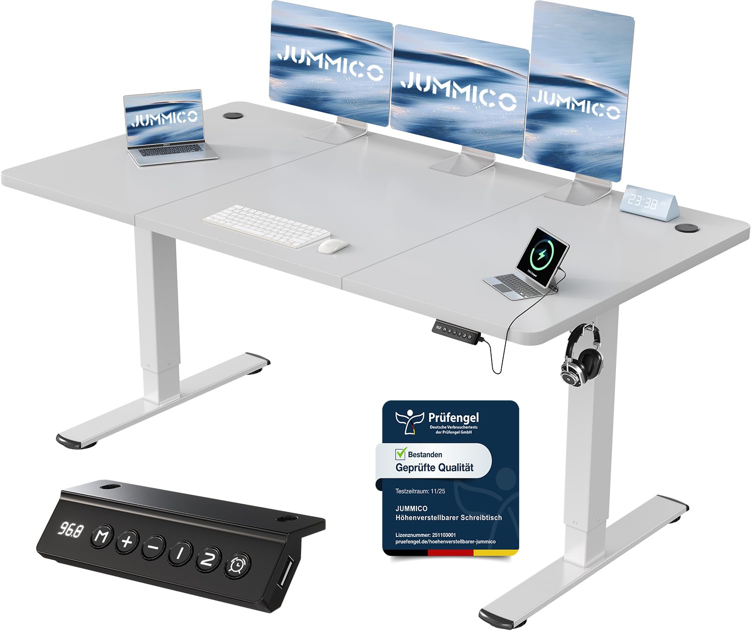 JUMMICO Birou reglabil pe înălțime cu port de încărcare USB, birou reglabil pe înălțime electric 160 x 70 cm, masă stand-sit, birou standing, masă reglabilă pentru computer, birou standing, gri - 0403