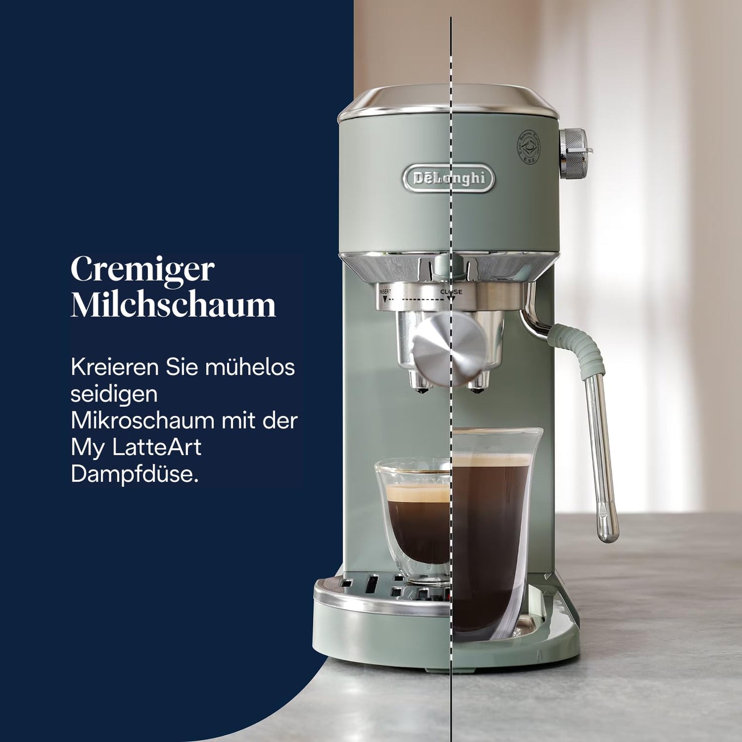 De'Longhi Dedica Duo - Perfetto compact portafilter machine espresso machine with soft-touch icons, manual milk frother for espresso, cappuccino and cold brew, 15cm wide, green (EC890.GR)