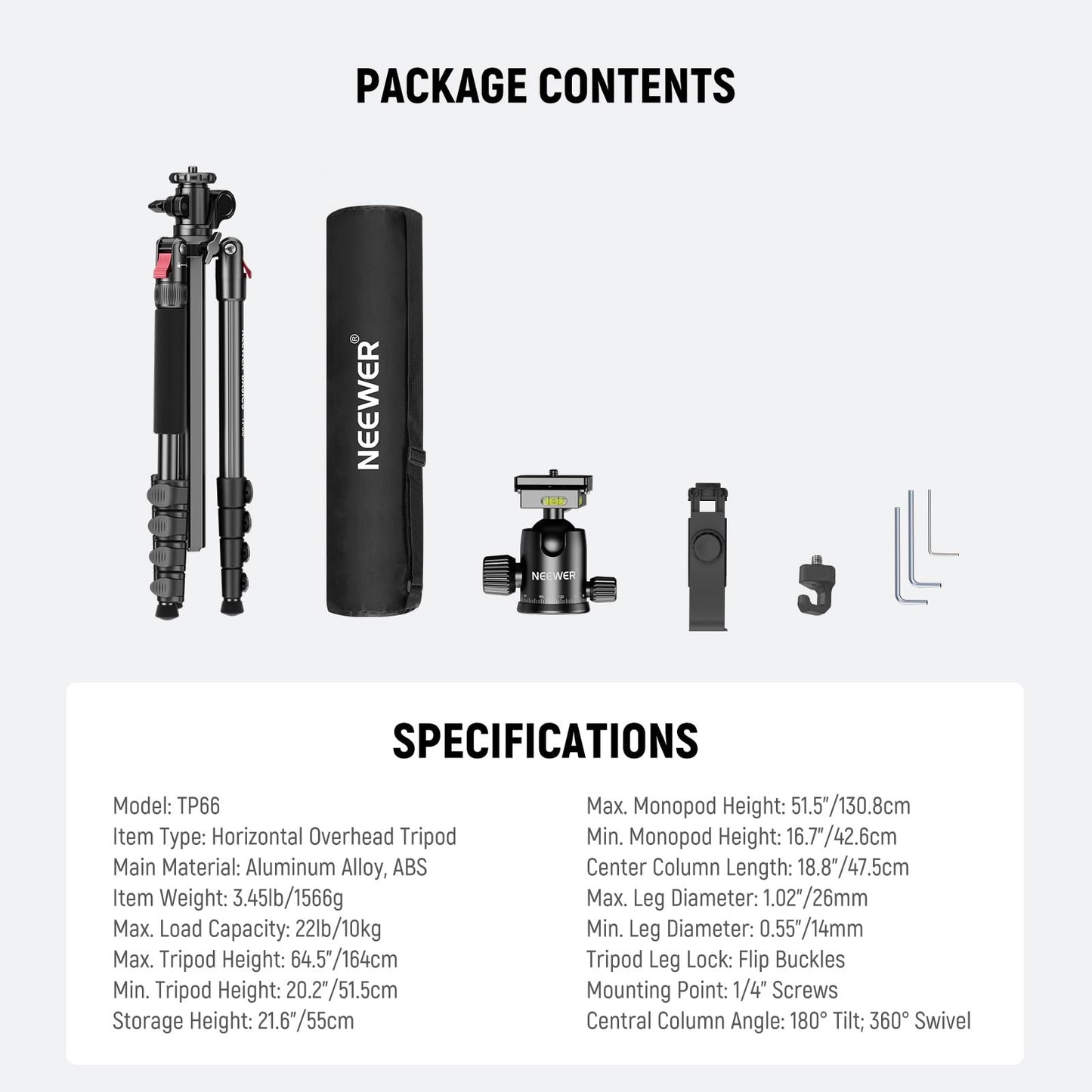 NEEWER Basics 64.5" Horizontal Overhead Camera Tripod with Ball Head/Mobile Phone Holder Compatible with iPhone, Aluminum Travel Tripod Monopod, 360° Pan, 180° Tilt Angle, 10kg Load Capacity, TP66