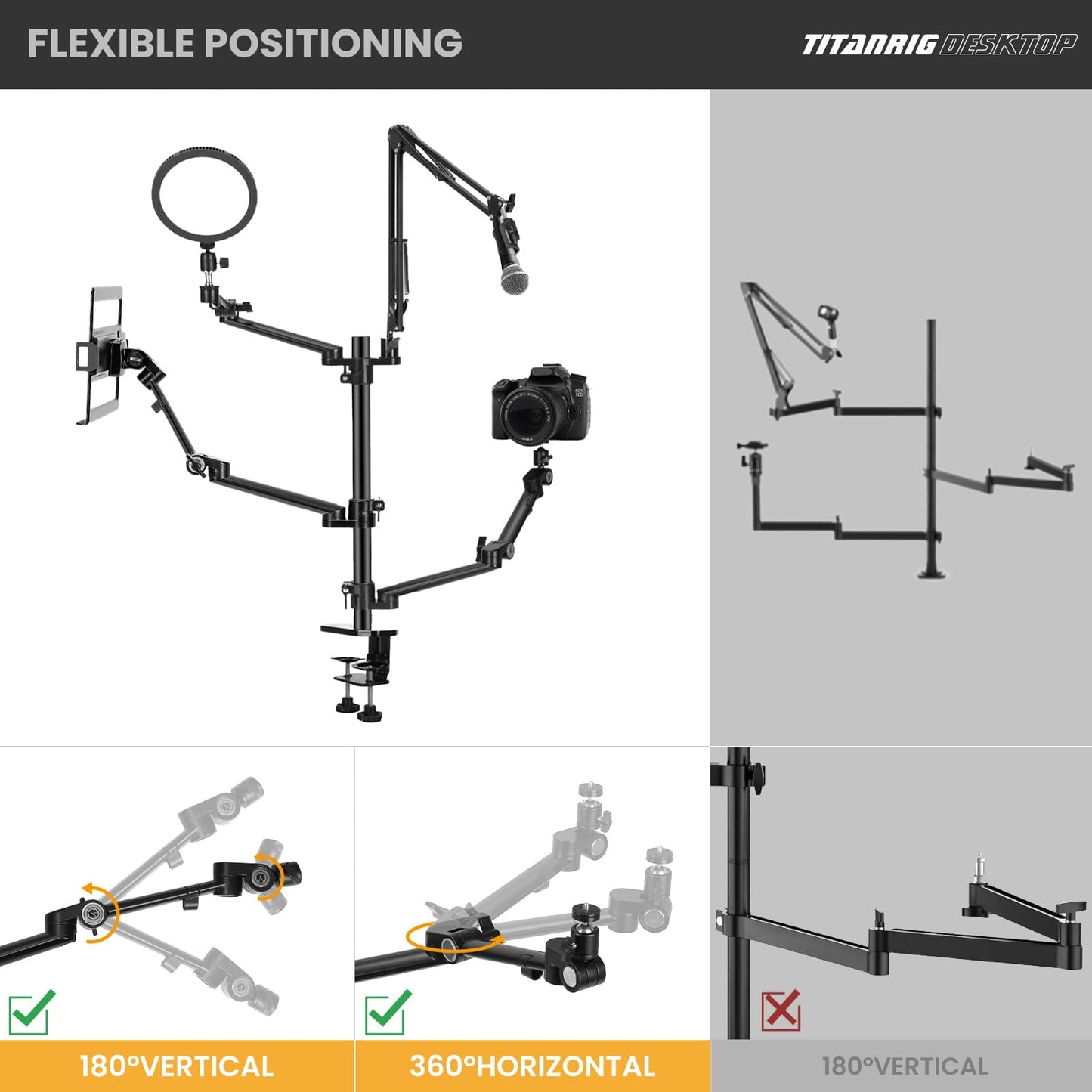 TARION table tripod camera overhead tripod: camera table mount clamp tripod flexible table mount with 4 articulated arms for ring light monitor microphone photography video live streaming titan rig (table set) - TitanRig-Desk