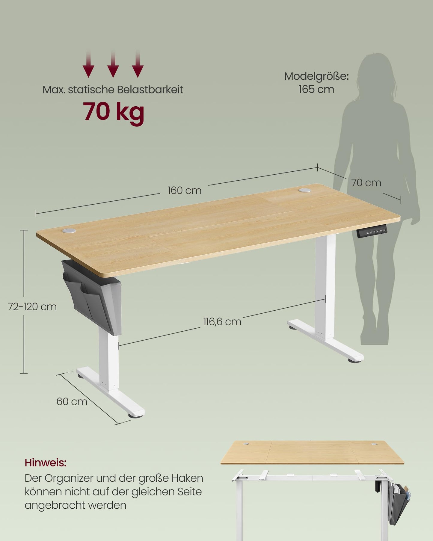 SONGMICS Electric height-adjustable desk, 160 x 70 cm, infinitely adjustable, memory function with 4 heights, golden oak color LSD136Y01 - LSD026X01