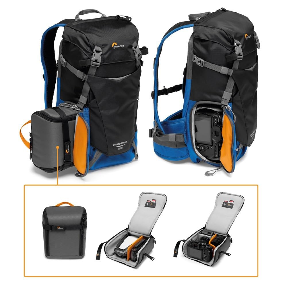 Lowepro PhotoSport BP 15L AW III, rucsac pentru cameră de tip wander, pentru camere mirrorless, acces lateral, inserție pentru cameră detașabilă și sistem de curea pentru accesorii, albastru și negru, compatibil cu Sony α6000.