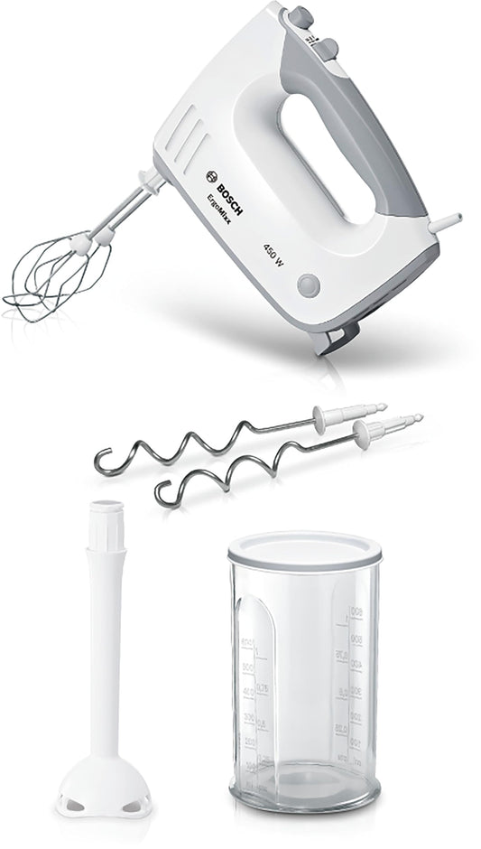 Bosch Hand Mixer, 2 beaters, 2 dough hooks, stainless steel, dishwasher safe, immersion blender, mixing cup, 5 speed settings plus turbo mode, 450 W, white, ErgoMixx MFQ36440