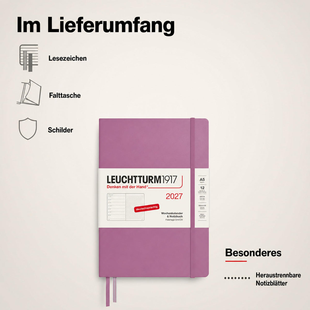 LEUCHTTURM1917 Calendar săptămânal 2027 punctat mediu (A5) cu caiet - Planificator de întâlniri german, Dusty Rose, ianuarie-decembrie 2027, Prezentare generală săptămânală în stânga + Pagina de note în dreapta - 400091