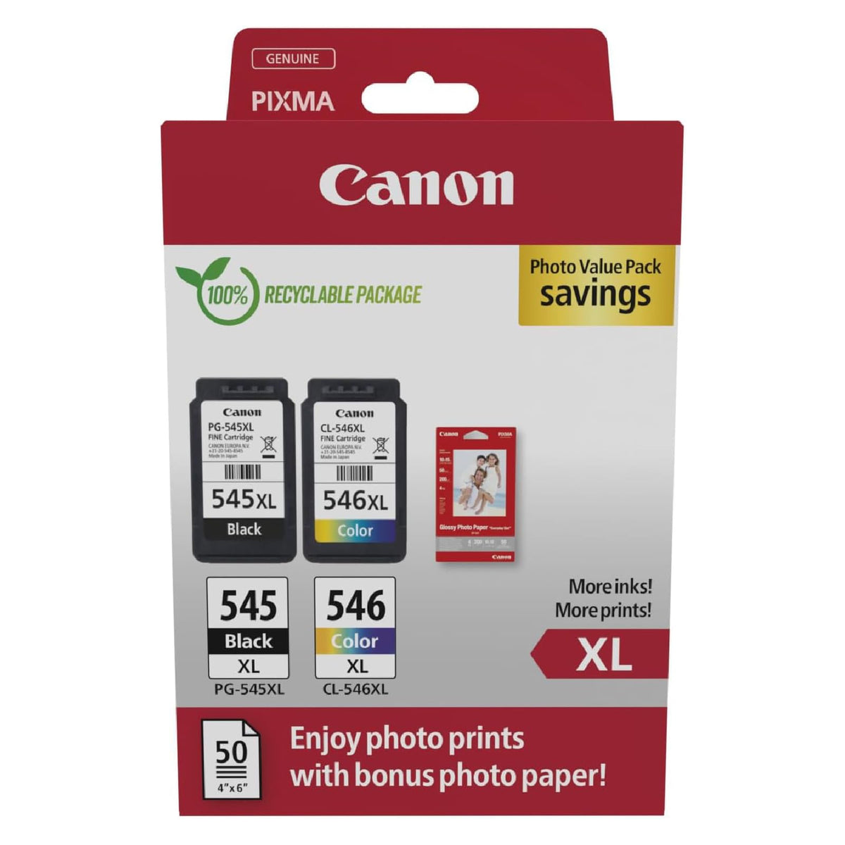 Canon PG-545XL + CL-546XL FINE Original XL Ink Cartridges + Photo Paper - 8286B011