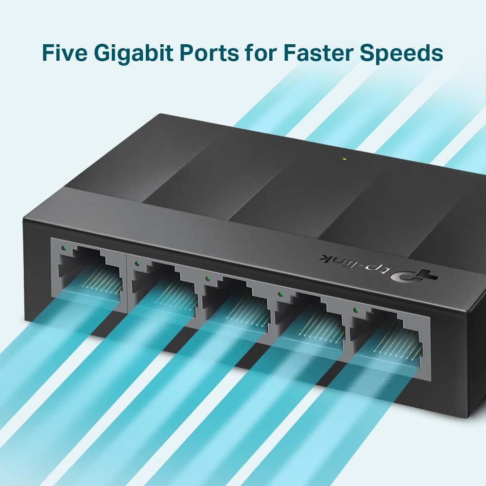 TP-Link LS1005G 5-Port Desktop Switch (5 x Gigabit Auto-Negotiation RJ45 Ports, IEEE 802.3X, Plug and Play, energy saving, plastic housing for easy table or wall mounting) black