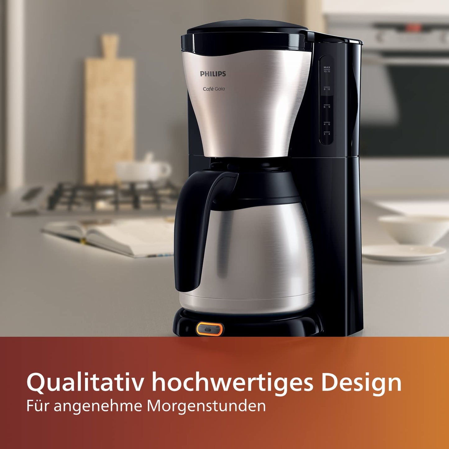 Philips Café Gaia Filter Coffee Machine - Stainless Steel Thermos, Drip Stop, Intense Aroma, Auto Shut-Off, 1,300 ml, Black (HD7546/20)