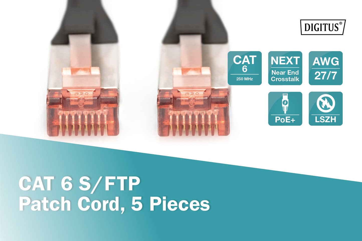 DIGITUS LAN cable Cat 6 – 10 m – 5 pieces – S/FTP shielded – black - DK-1644-100-BL-5