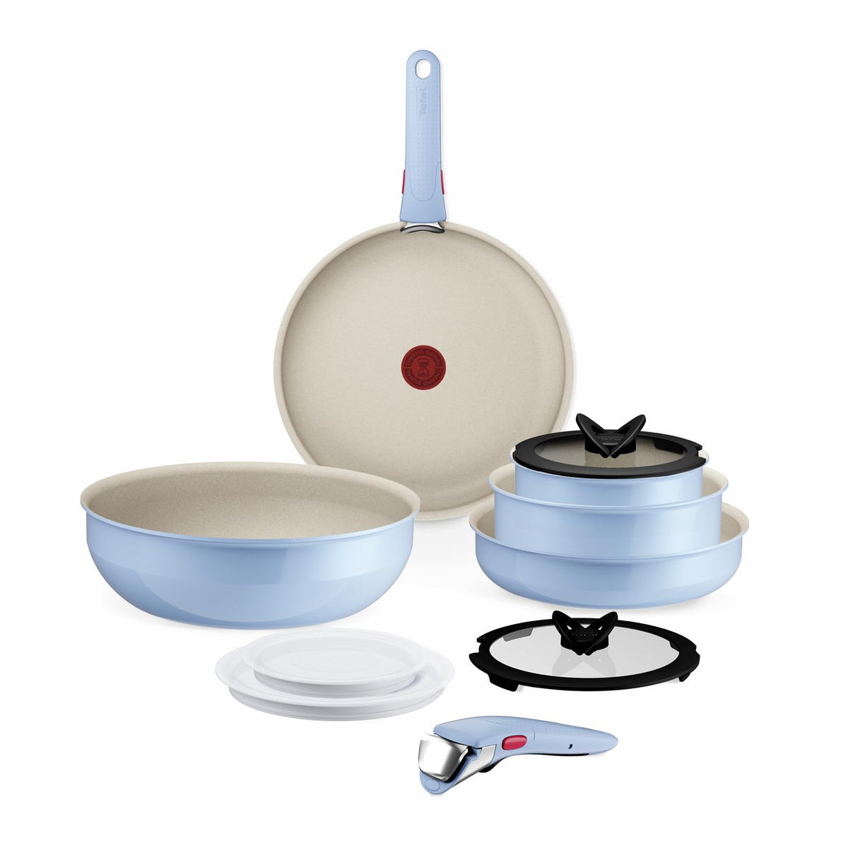 Set de vase Tefal Ingenio Serenity 11 piese – set stivuitor și economisitor de spațiu din aluminiu, cu înveliș antiaderent Mineralia, mânere detașabile, compatibil cu toate tipurile de plite, inclusiv inducție, Calm Blue - L827SB04