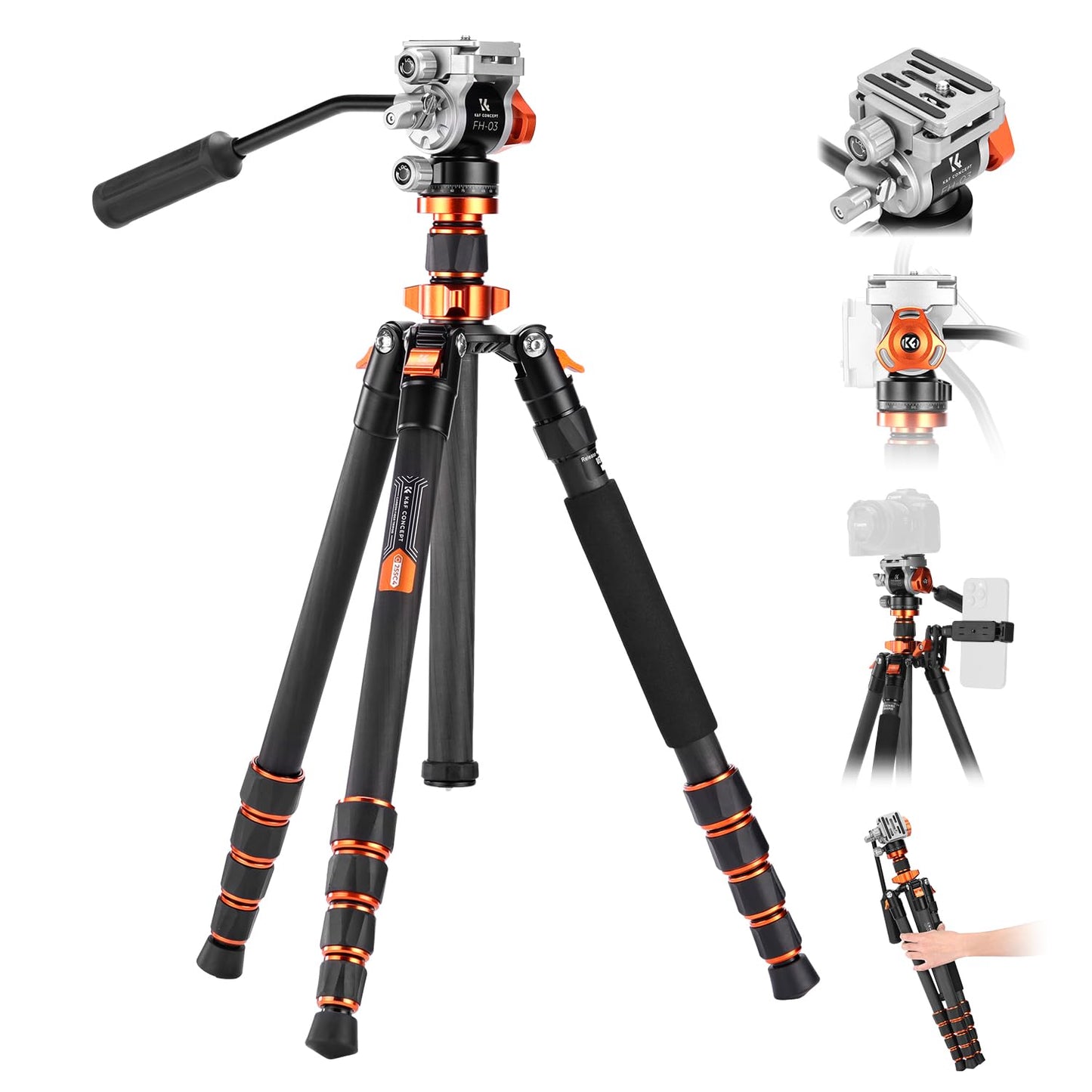 K&F CONCEPT 173cm carbon tripod, video tripod with fluid head, compact camera tripod with monopod, travel tripod for on the go O255C4+FH-03 - KF09.158
