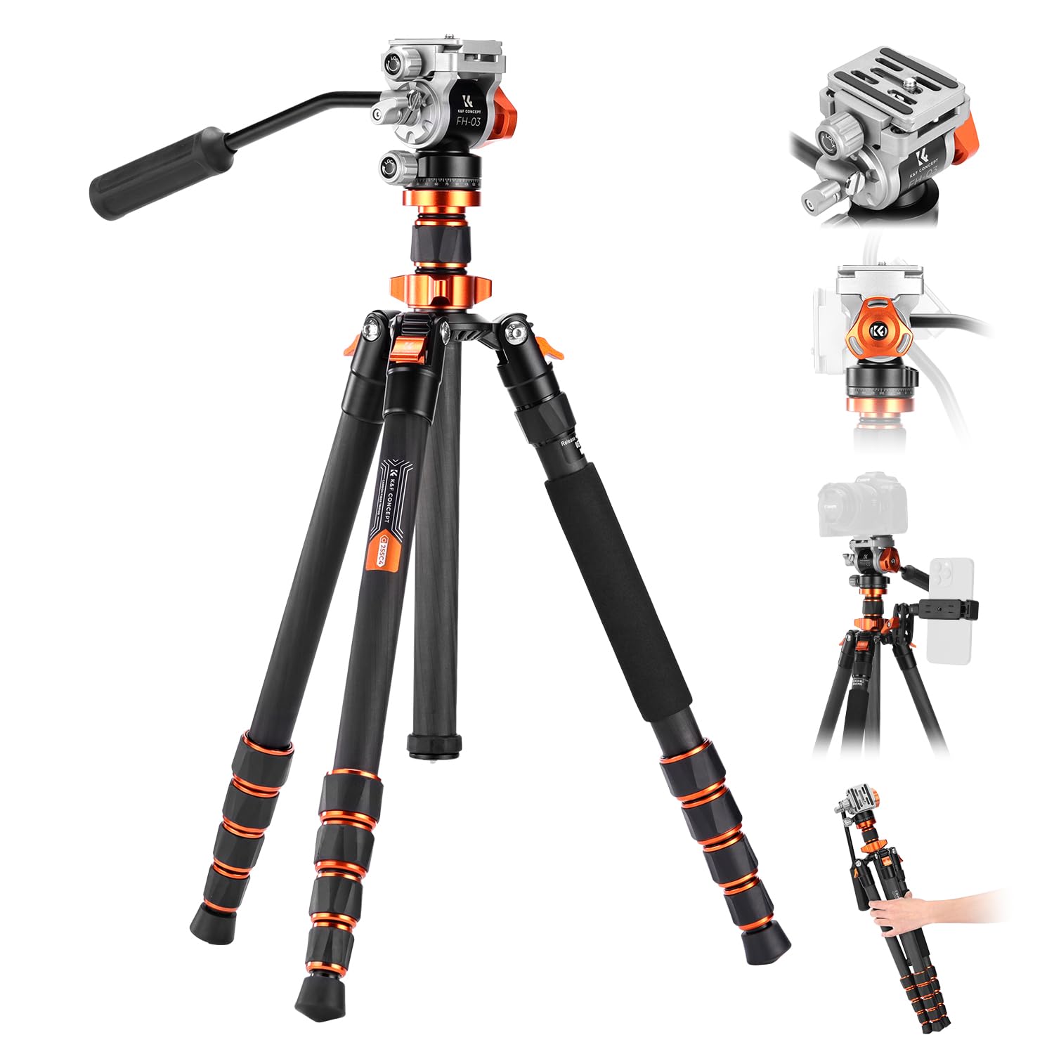 K&F CONCEPT 173cm carbon tripod, video tripod with fluid head, compact camera tripod with monopod, travel tripod for on the go O255C4+FH-03 - KF09.158