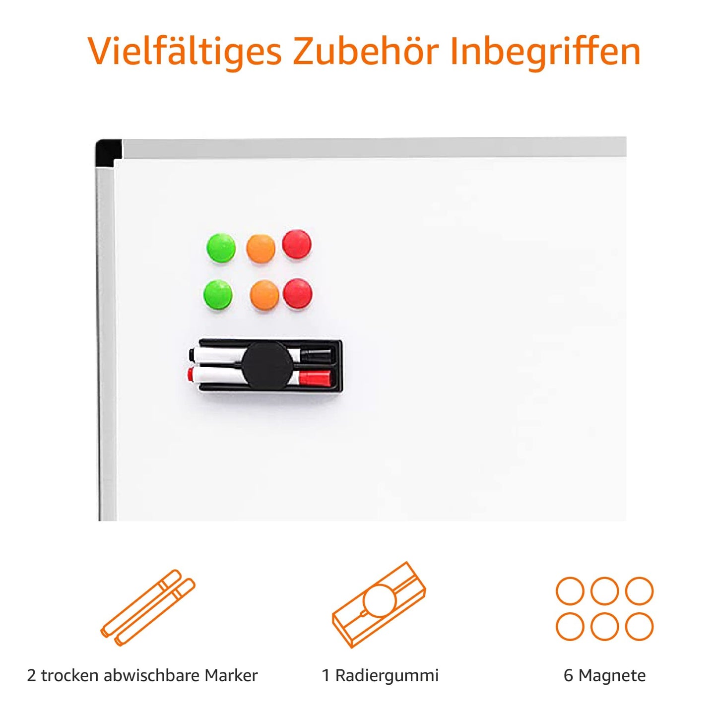 Amazon Basics magnetic whiteboard with aluminum frame, pen holder, 6 magnets, 1 eraser and 2 markers for office and home, wall mounting, dry wipeable, 90cm x 60cm - 1548964572