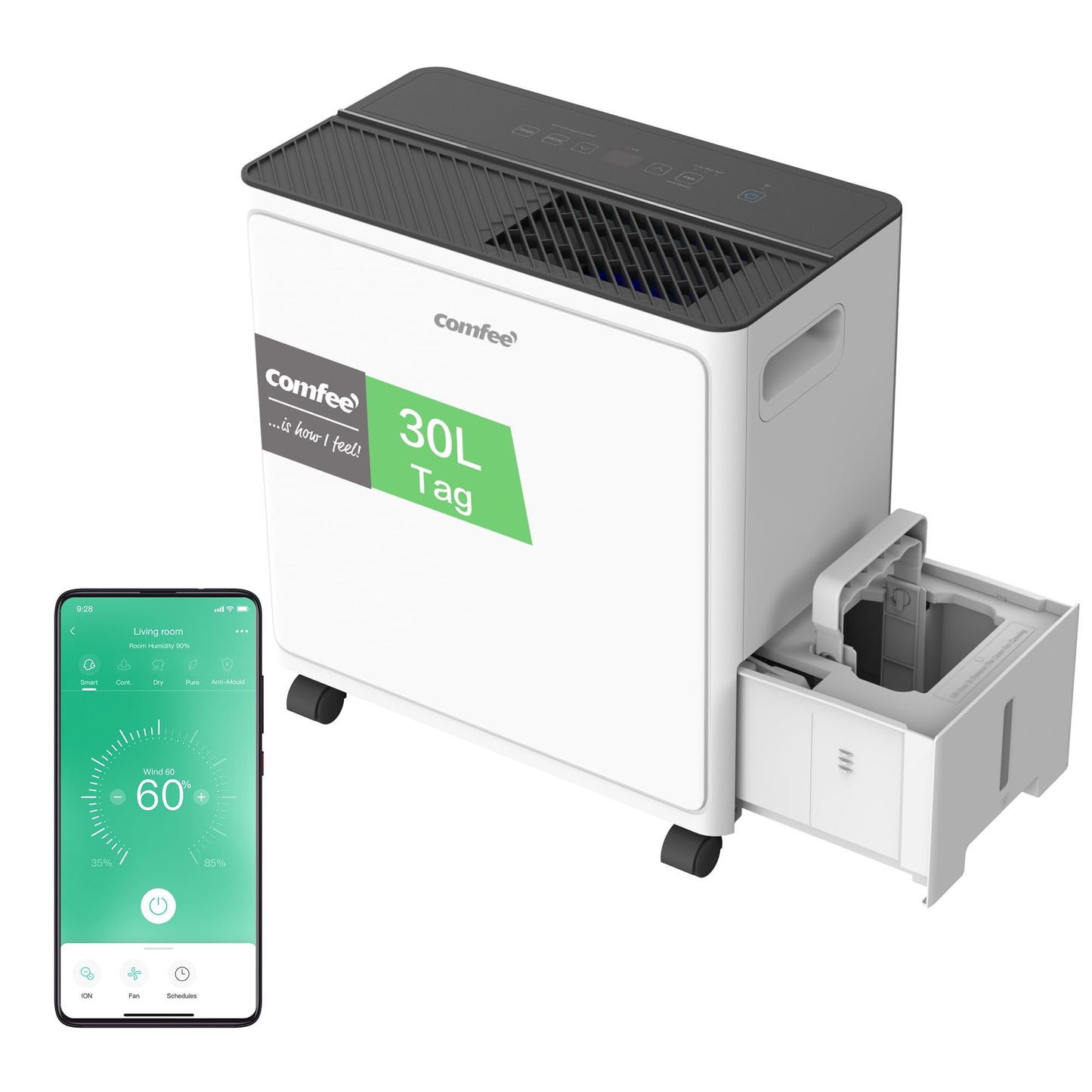 COMFEE CDDAE-30DEN7-QA3 Dehumidifier 30L/day for up to 73㎡, 3 liter tank, rotating wheels, drying mode, noise reduction, automatic defrost