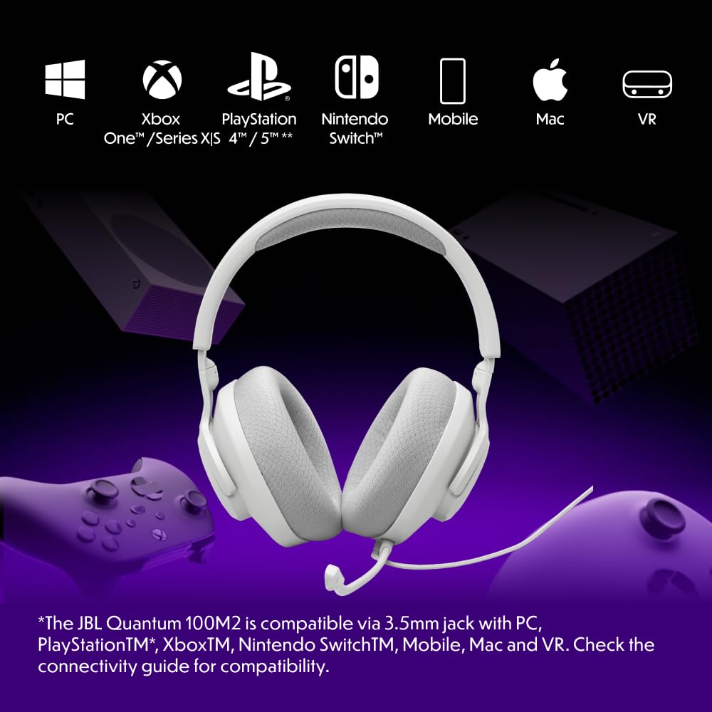 JBL Quantum 100M2 Wired Over-Ear Gaming Headset with JBL QuantumSOUND Signature, 3.5mm jack, multi-platform compatibility and detachable microphone with mute option, white - JBLQTUM100M2WHT