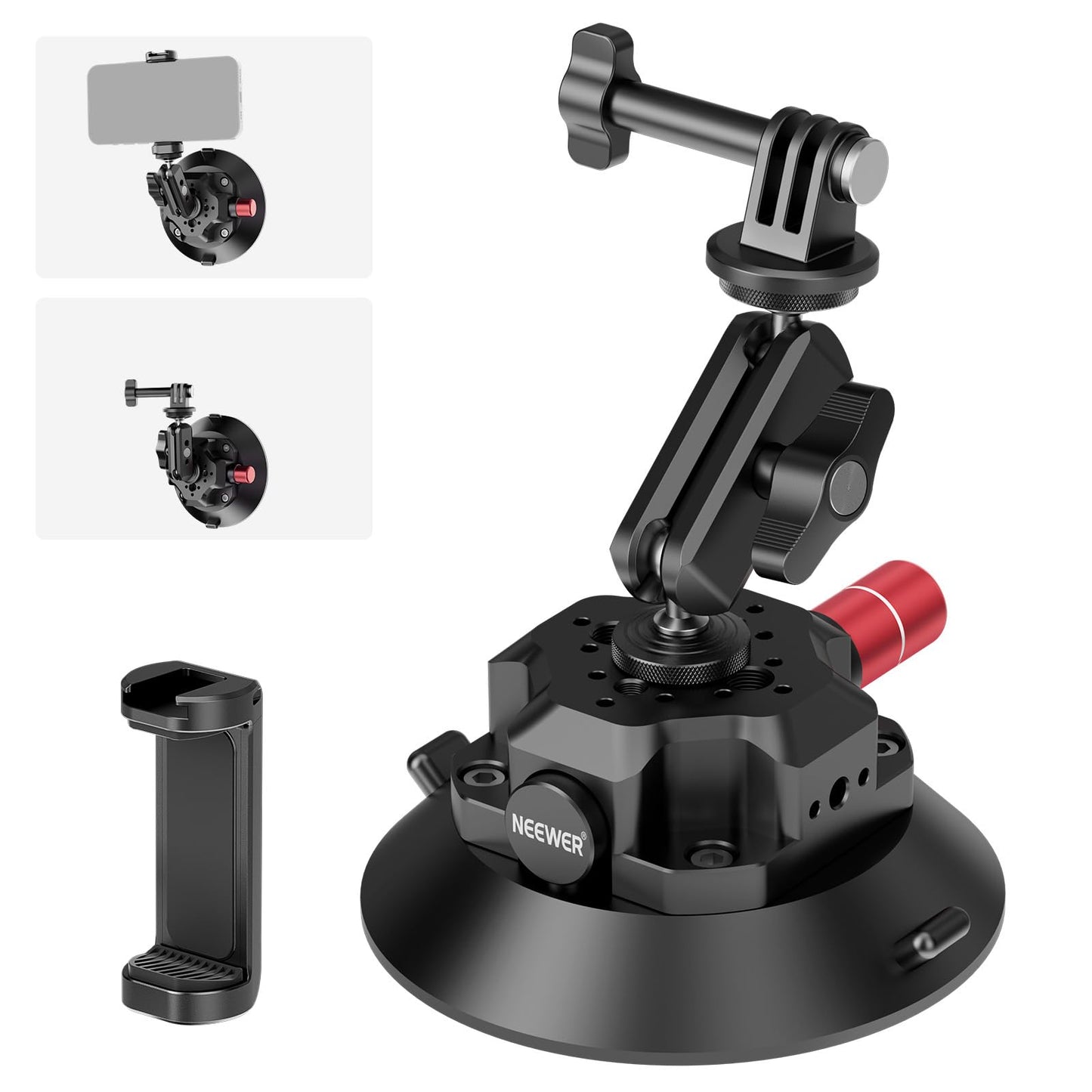NEEWER 4.5" camera mount with suction cup and ball head magic arm, compatible with ARRI 1/4"l 3/8" holes, car mount and action cam adapter, compatible with iPhone GoPro DJI Insta360, CA105