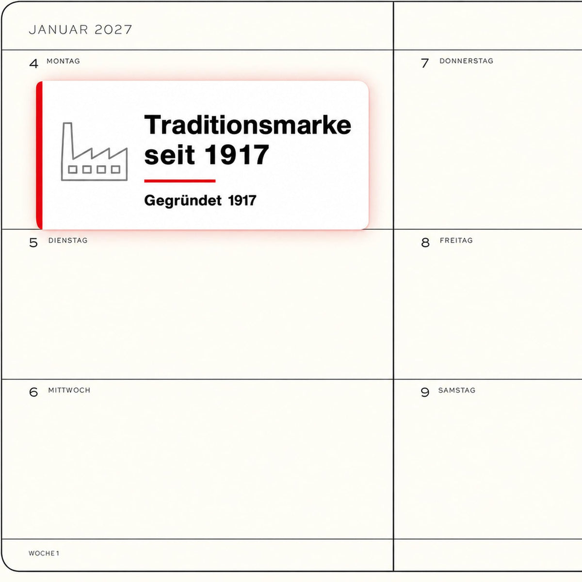 LEUCHTTURM1917 Calendar săptămânal 2027 Mediu (A5) - Germană, Negru, Coperți moale, 145 x 210 mm, 12 luni - ianuarie-decembrie 2027, 1 săptămână pe pagină dublă, hârtie de 80 g/m² cu compatibilitate ridicată cu cerneală - 400126