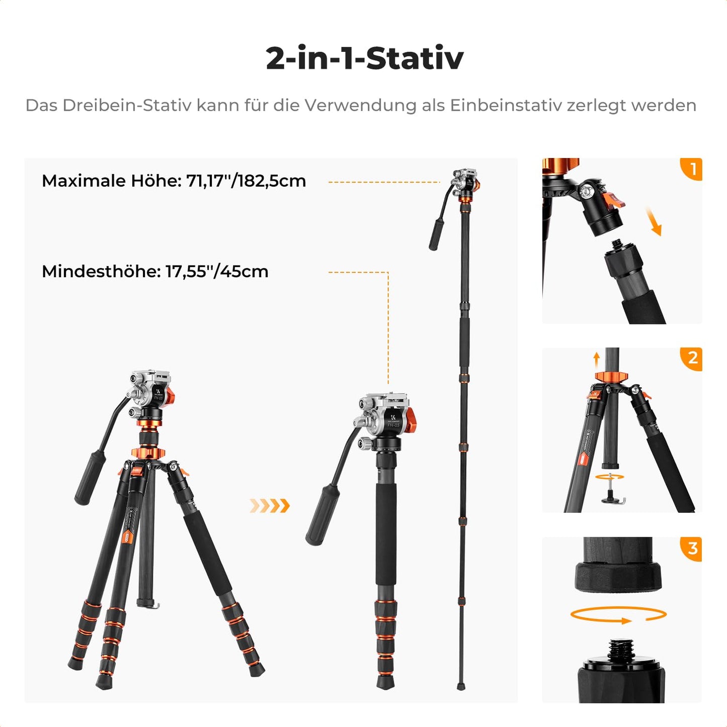 K&F CONCEPT 173cm carbon tripod, video tripod with fluid head, compact camera tripod with monopod, travel tripod for on the go O255C4+FH-03 - KF09.158