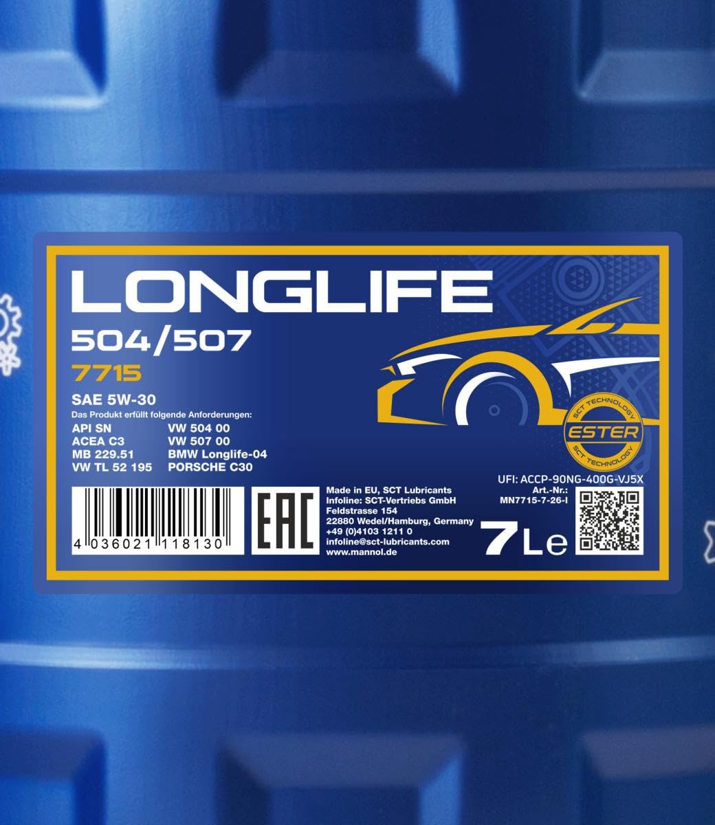 MANNOL 7715 Longlife engine oil 5W-30, VW 504 00/507 00, synthetic, 7L - MN7715-7