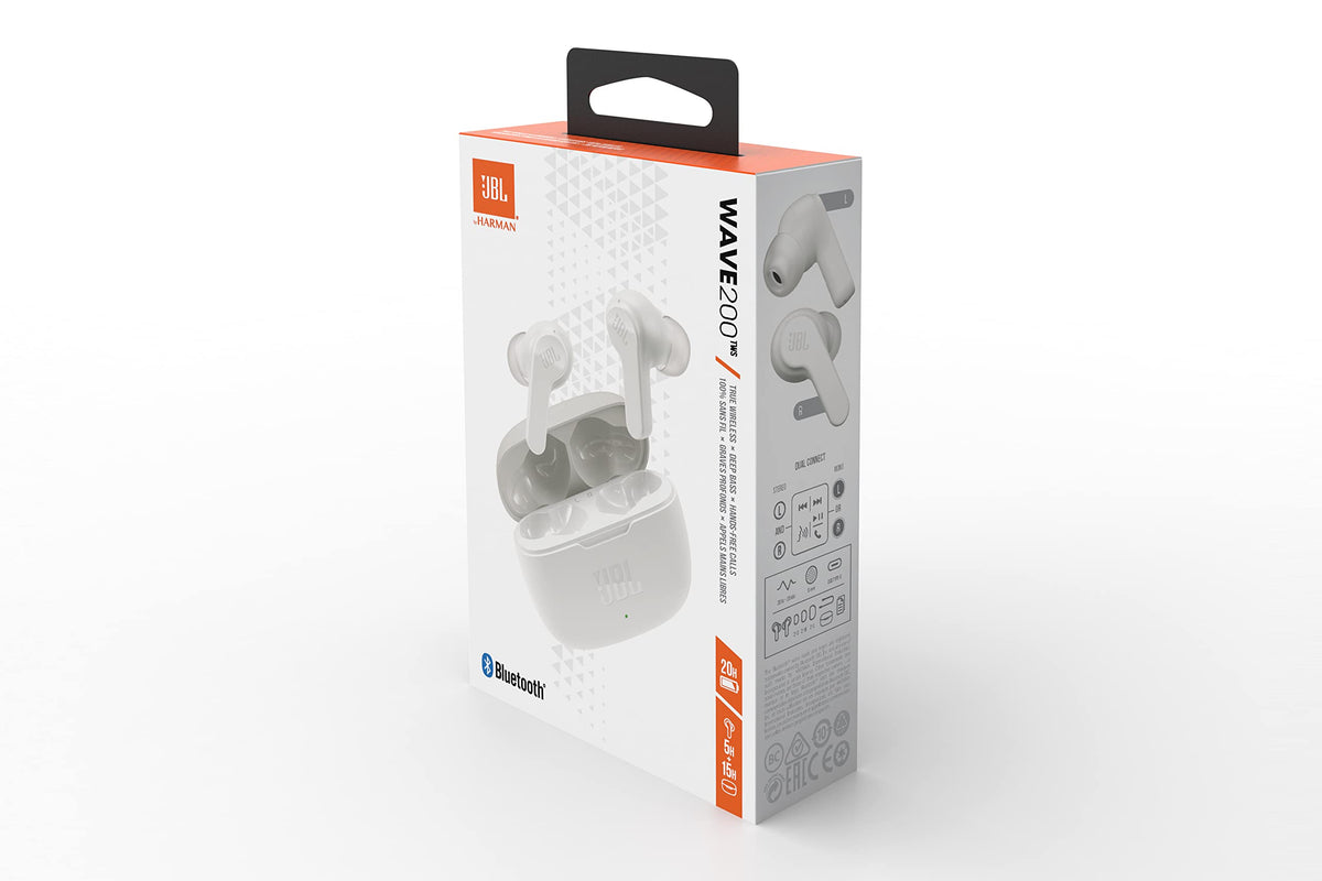 JBL Wave 200 TWS True-Wireless In-Ear Bluetooth Earbuds - White – Wireless earbuds with built-in microphone – Music streaming for up to 20 hours – Includes charging case - JBLW200TWSWHT