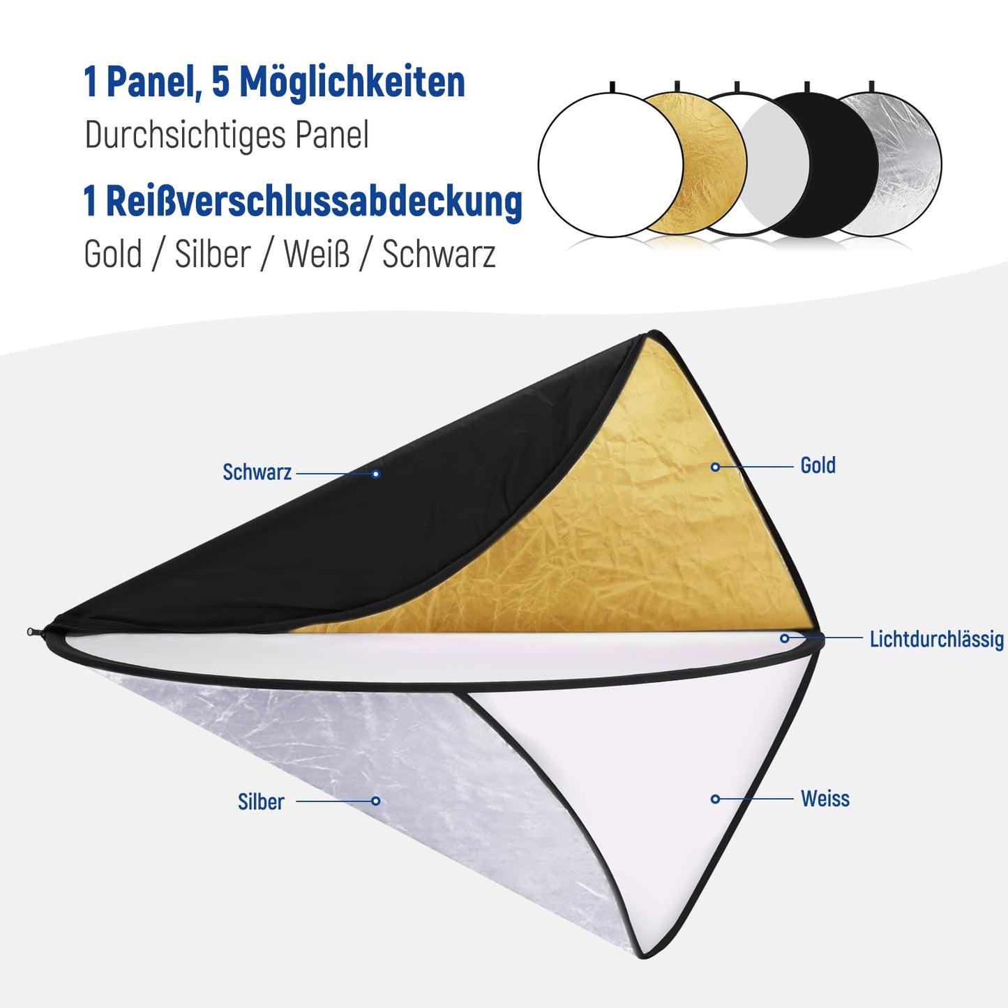 NEEWER 110cm Light Reflector Diffuser 5 in 1 Foldable Multi Disc with Bag - Translucent, Silver, Gold, White and Black, Photo Reflector for Outdoor Studio Photography Lighting, RF-110 - 10000076