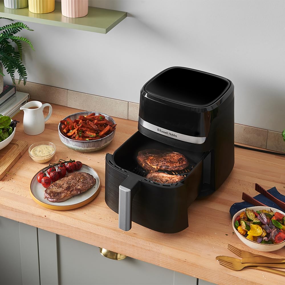 Russell Hobbs hot air fryer XL 5.5 l Rapid AirFryer (compact housing, very quiet) SatisFry (9 programs, dishwasher safe, deep fryer without oil, touch screen, grilling, baking) 27621-56