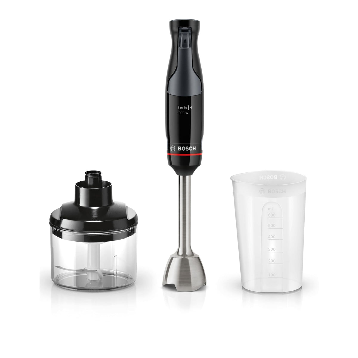 Bosch ErgoMaster Series 4 Hand Blender, with chopper, mixing/measuring cup, stainless steel blades, durable, wear-free ceramic coupling, 1000 Watts, black, MSM4B620
