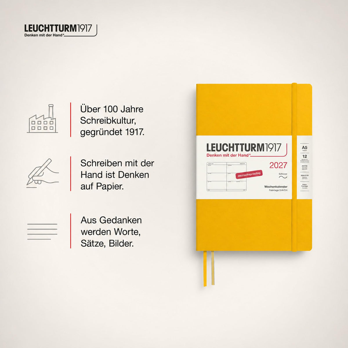 LEUCHTTURM1917 Calendar săptămânal 2027 Mediu (A5) - Germană, Floarea-soarelui, Copertă moale, 145 x 210 mm, 12 luni - ianuarie-decembrie 2027, 1 săptămână pe pagină dublă, hârtie de 80 g/m² cu compatibilitate ridicată cu cerneală - 400129